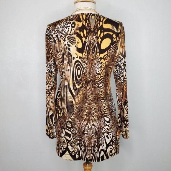 Women With Control Brown Orange Fall Colors Tunic Surplice Faux Wrap Top Size MP - Picture 9 of 15